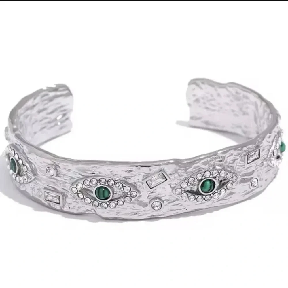 Baroque Malachite Silver Stainless Steel WaterproofEye Cuff Bracelet - Picture 4 of 11